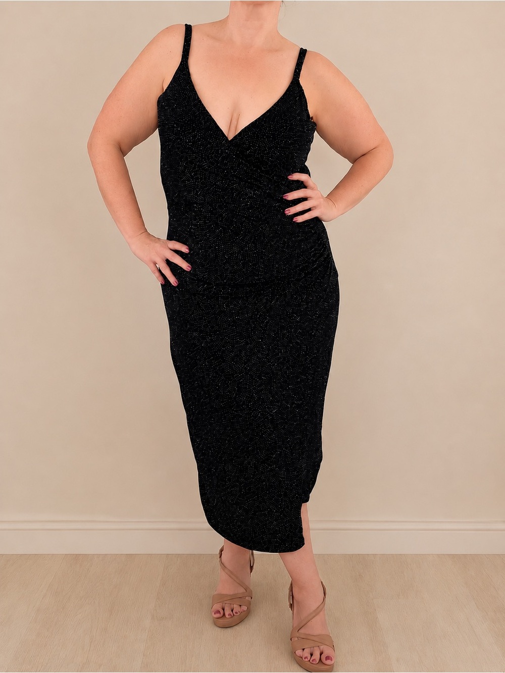 London Times Black Sparkle V-Neck Midi Cocktail Party Dress Size 14